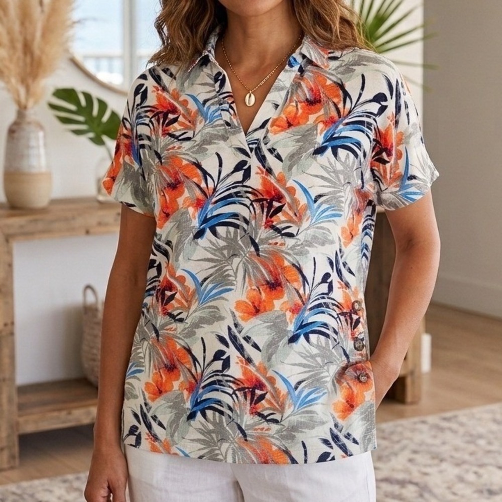 Chico's Sz 0 Fiesta Palms Linen Blend Drape Popover Top Floral Coastal Tropical